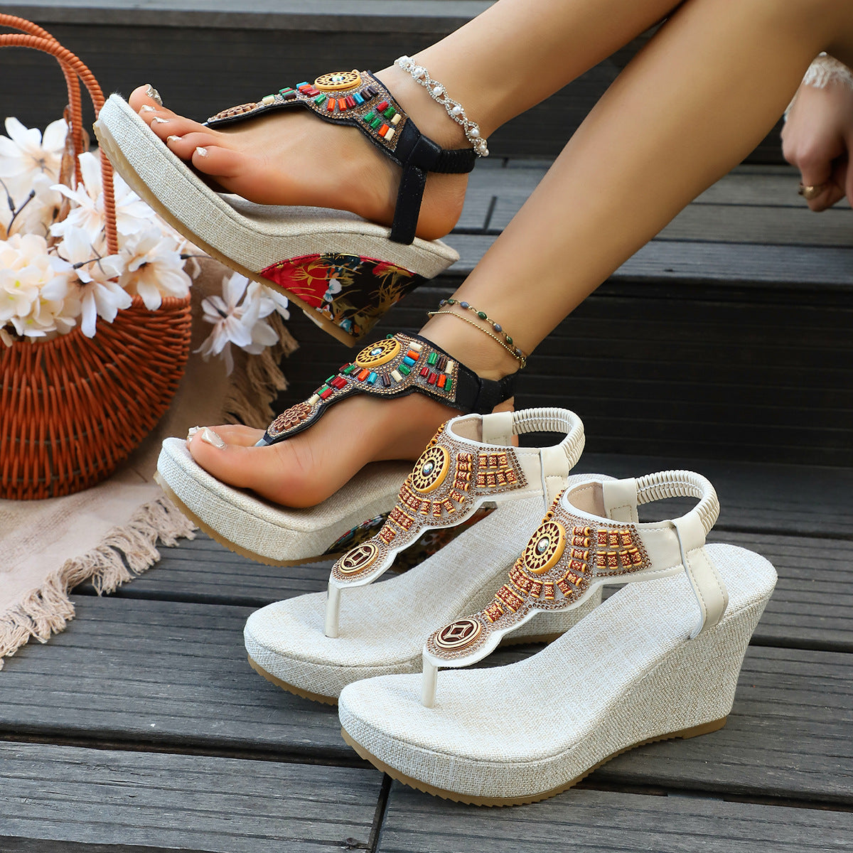 Women's Boho Wedge Sandals Toe Post Floral Colorful Beaded Platform Shoes