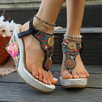Women's Boho Wedge Sandals Toe Post Floral Colorful Beaded Platform Shoes