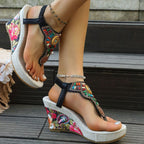 Women's Boho Wedge Sandals Toe Post Floral Colorful Beaded Platform Shoes