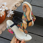 Women's Boho Wedge Sandals Toe Post Floral Colorful Beaded Platform Shoes