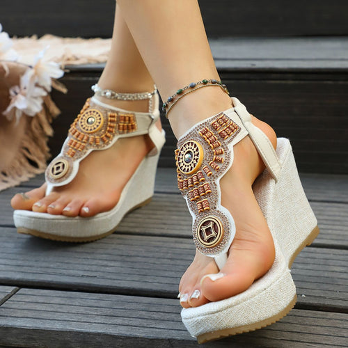 Women's Boho Wedge Sandals Toe Post Floral Colorful Beaded Platform Shoes