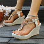 Women's Boho Wedge Sandals Toe Post Floral Colorful Beaded Platform Shoes