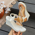 Women's Boho Wedge Sandals Toe Post Floral Colorful Beaded Platform Shoes