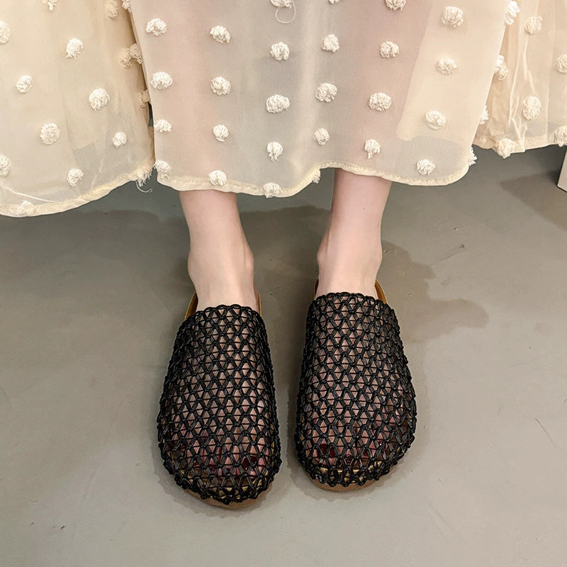 Women's Slip-on Sandals Woven Mesh Breathable Slipper Beach Flat Shoes
