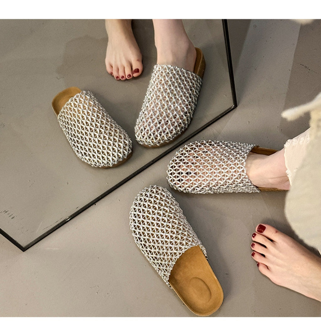 Women's Slip-on Sandals Woven Mesh Breathable Slipper Beach Flat Shoes