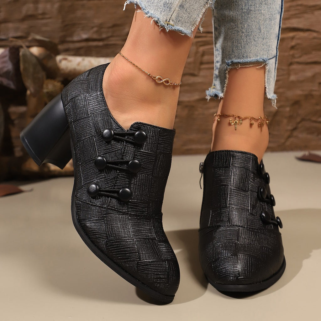 Women's Pumps Black Woven Texture Pu Leather Buttoned High Heel Shoes