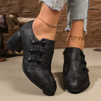 Women's Pumps Black Woven Texture Pu Leather Buttoned High Heel Shoes