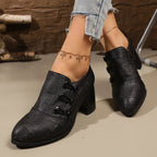 Women's Pumps Black Woven Texture Pu Leather Buttoned High Heel Shoes