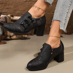 Women's Pumps Black Woven Texture Pu Leather Buttoned High Heel Shoes