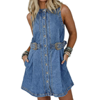Denim Mini Dress Buttoned Western Belt Style Sleeveless Medium Blue Pocketed