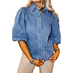 Denim Shirt Blouse Casual Dusty Blue Short Balloon Sleeve Button-Up Top