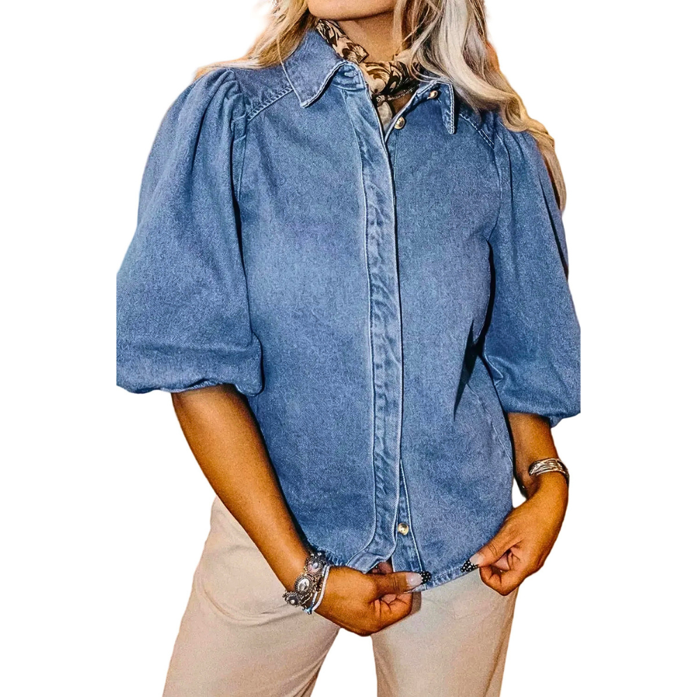 Denim Shirt Blouse Casual Dusty Blue Short Balloon Sleeve Button-Up Top