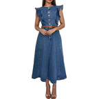 Denim-Midikleid mit Rüschen, Knopfleiste vorne, lässig, kurzen Ärmeln, Gürtel, A-Linie