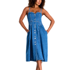 Midi Denim Dress Button-Front Smocked Waist Tank Dress with Pockets