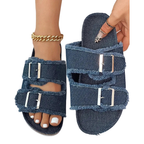 Denim Slippers Women Buckled Fringe Double Strap Comfortable Sandals