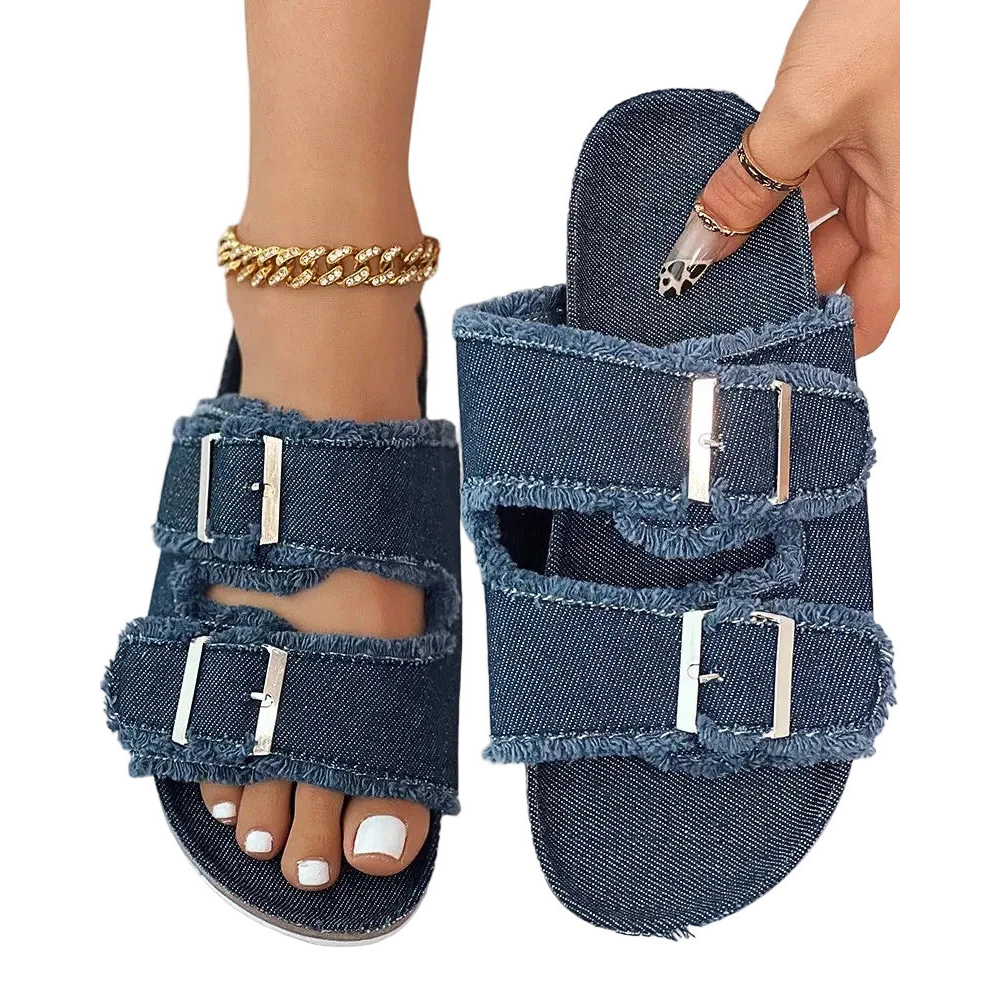 Denim Slippers Women Buckled Fringe Double Strap Comfortable Sandals
