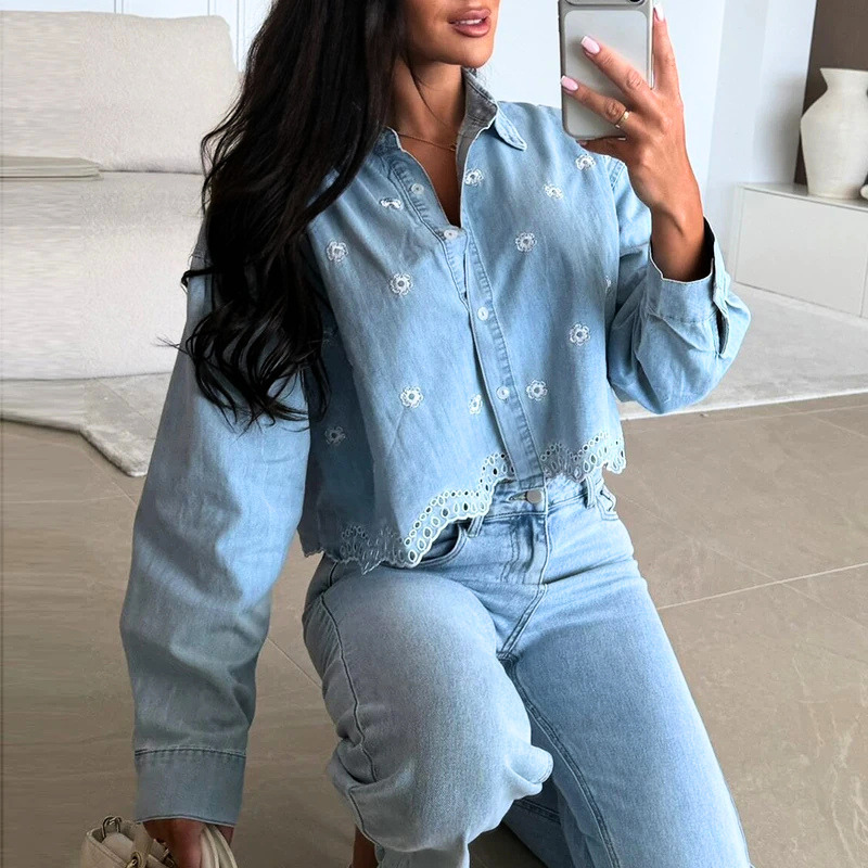 Women's Casual Cropped Denim Shirt Floral Embroidered Long Sleeve Loose Top