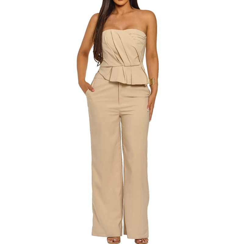 DIOSA Women's Outfit Set Sculpted Tube Top Grace Wide Leg Trousers Beige