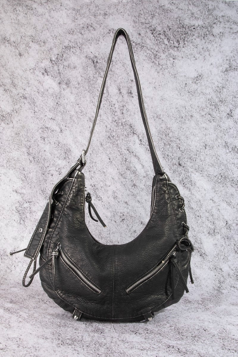 Fame Crescent Shoulder Bag Medium Soft PU Leather Zip Lace-up Hobo Bags