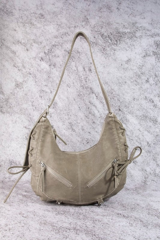 Fame Crescent Shoulder Bag Medium Soft PU Leather Zip Lace-up Hobo Bags
