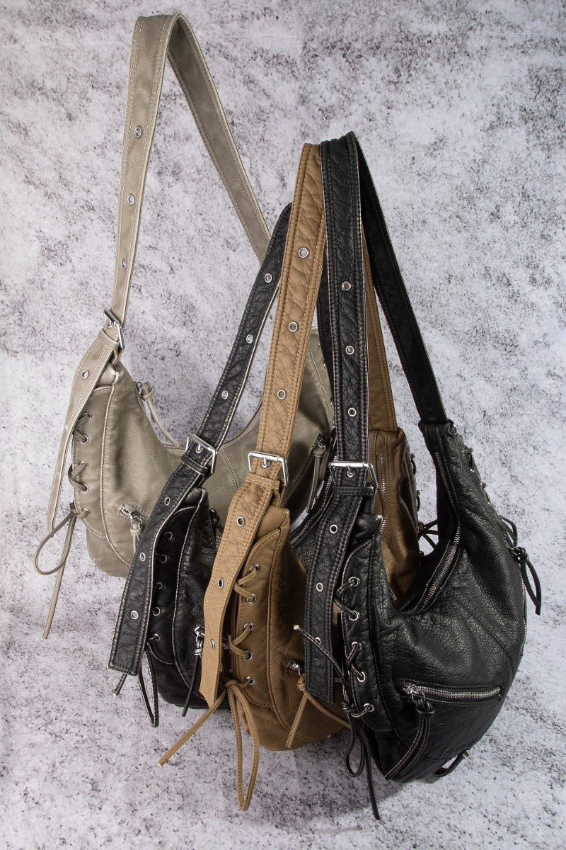Fame Crescent Shoulder Bag Medium Soft PU Leather Zip Lace-up Hobo Bags