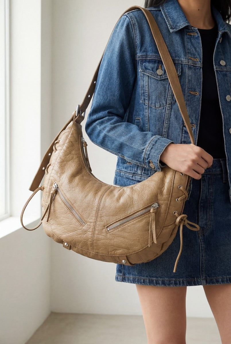 Fame Crescent Shoulder Bag Medium Soft PU Leather Zip Lace-up Hobo Bags
