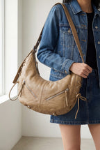 Fame Crescent Shoulder Bag Medium Soft PU Leather Zip Lace-up Hobo Bags