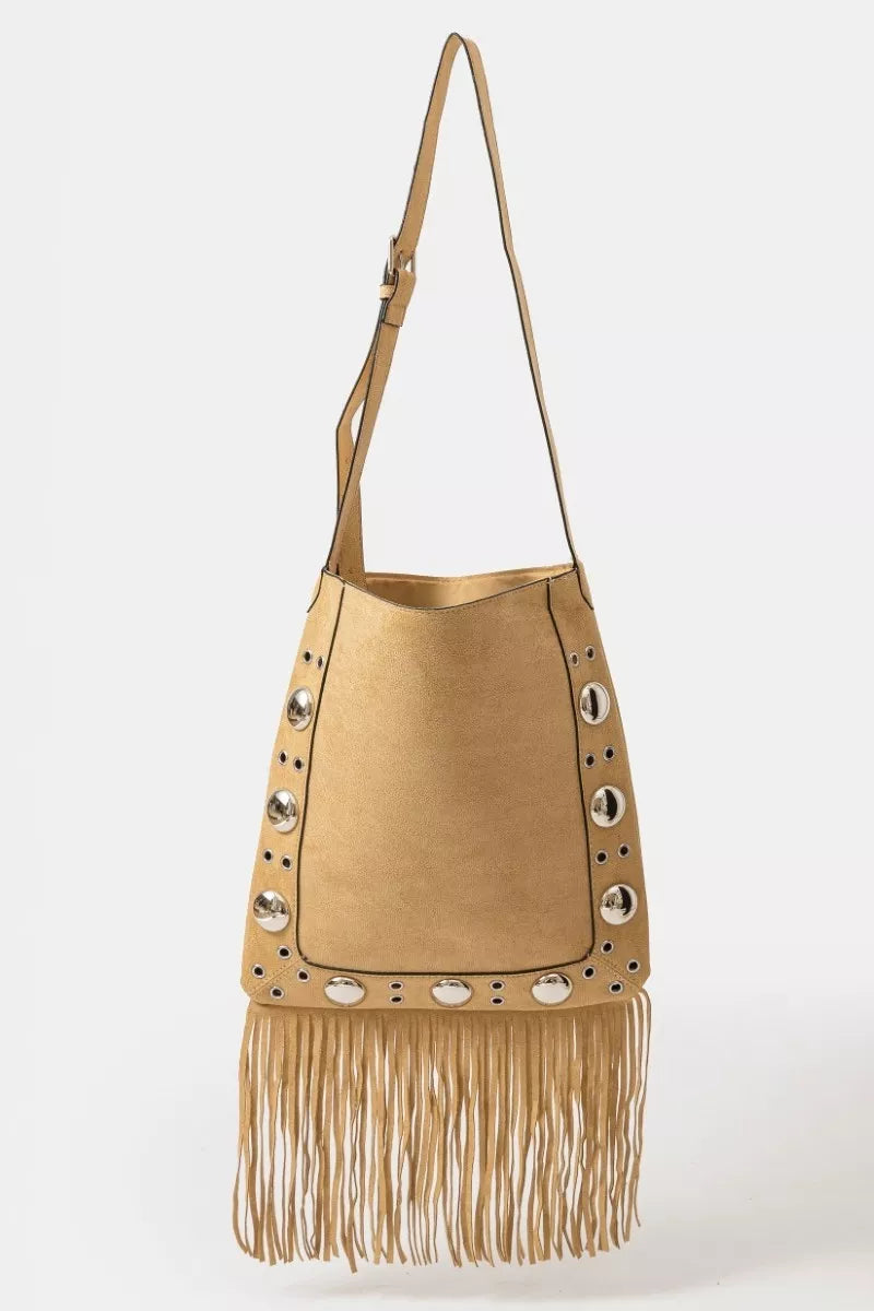Fame Accesories Womens Tote Bag Faux Suede Grommet Accent Fringe TP one size Fame_Accesories_Womens_Tote_Bag_Faux_Suede_Grommet_Accent_Fringe Trendsi