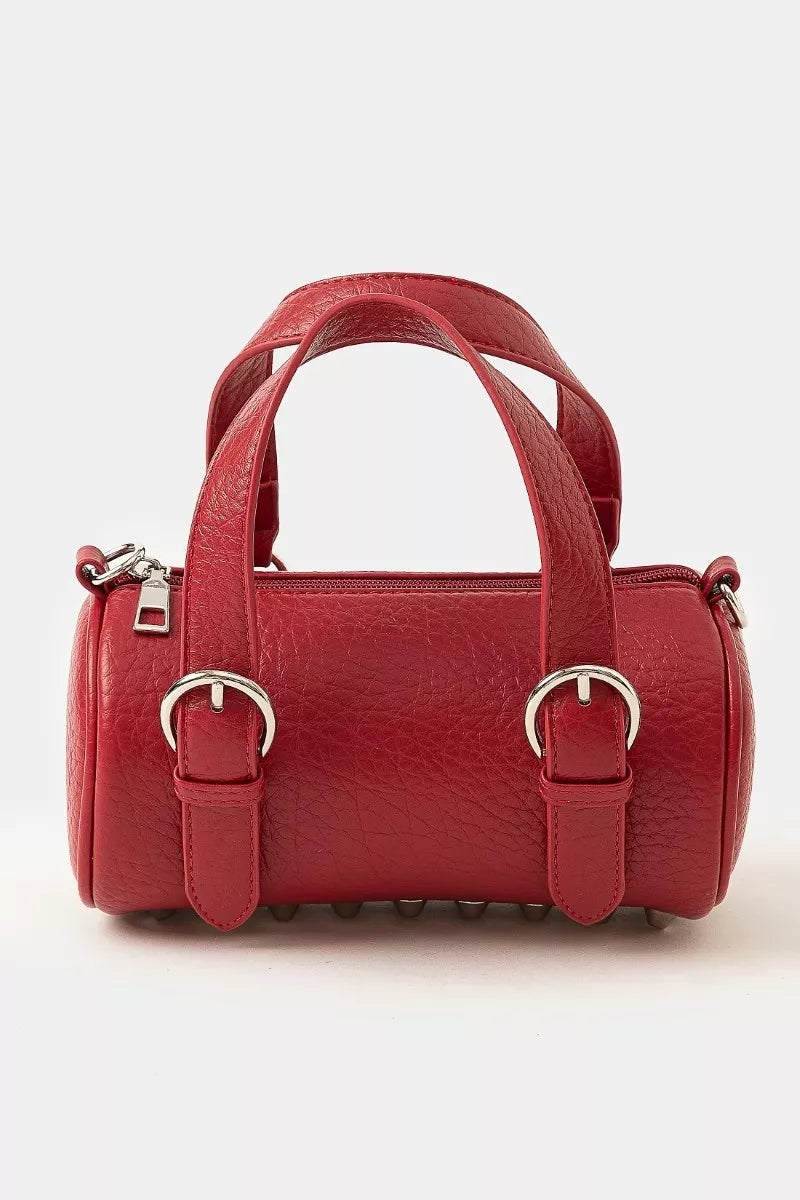 Fame Accessories Cylinder Hand Bag Red Faux Leather Small Buckle Strap RD One Size Fame_Accessories_Cylinder_Hand_Bag_Red_Faux_Leather_Small_Buckle_Strap Trendsi