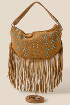 Fame Accessories Hobo Shoulder Bag Brown Studded Pattern Multi Fringe BR One Size Fame_Accessories_Hobo_Shoulder_Bag_Brown_Studded_Pattern_Multi_Fringe Trendsi
