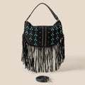 Fame Accessories Hobo Shoulder Bag Studded Pattern Multi Fringe BK One Size Fame_Accessories_Hobo_Shoulder_Bag_Studded_Pattern_Multi_Fringe Trendsi