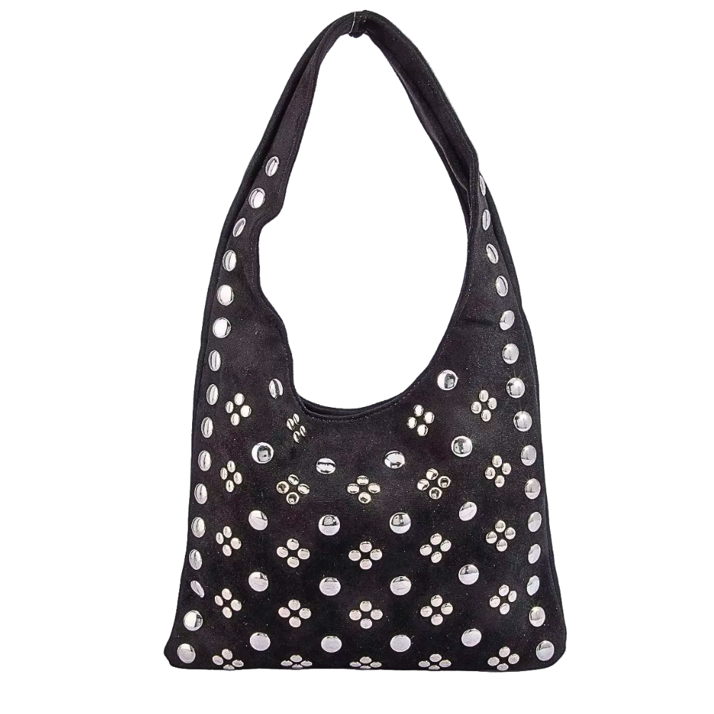 Fame Accessories Hobo Shoulder Bag Studded Rivets Large Soft Fabric Casual Bags