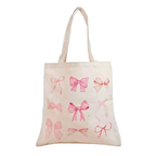 Fame Accessories Tote Bag Cream Pink Ribbon Bow Print Lightweight Fabric Handbag