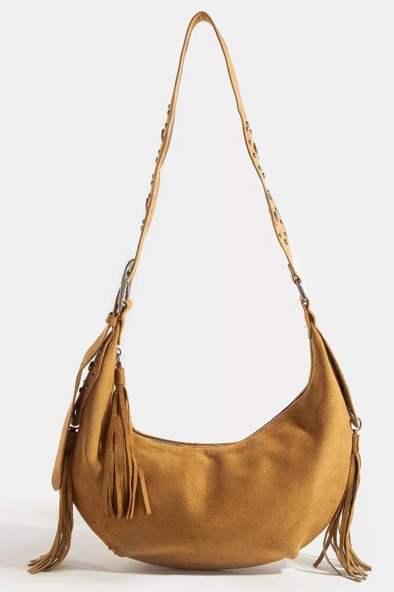 Fame Accessories Womens Hobo Bag Suede Half Moon Fringe Buckle Strap LBR one size Fame_Accessories_Womens_Hobo_Bag_Suede_Half_Moon_Fringe_Buckle_Strap Trendsi