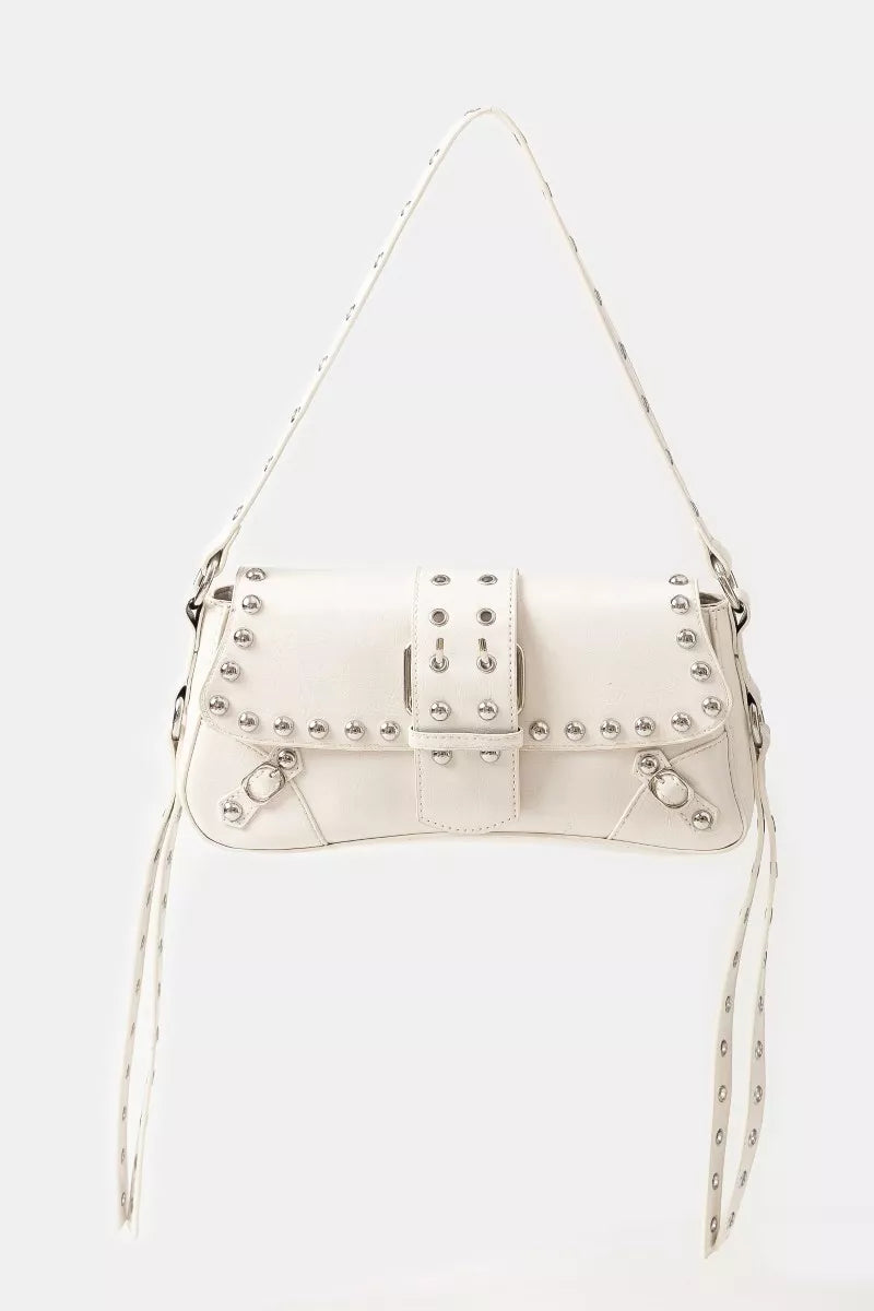 Fame Accessories Womens Shoulder Bag Ivory Glossy Faux Leather Rivet Trim IV one size Fame_Accessories_Womens_Shoulder_Bag_Ivory_Glossy_Faux_Leather_Rivet_Trim Trendsi