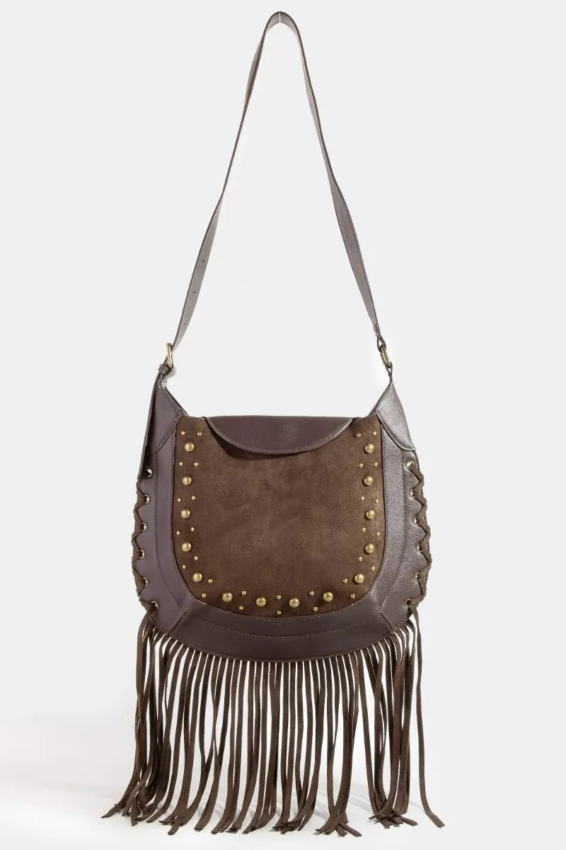 Fame Accessories Womens Shoulder Bag Rivet Trim Suede Fringe Crossbody DBR one size Fame_Accessories_Womens_Shoulder_Bag_Rivet_Trim_Suede_Fringe_Crossbody Trendsi