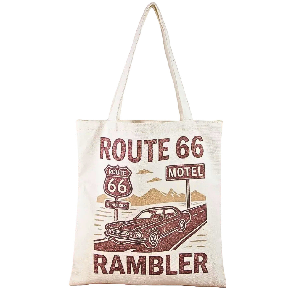 Fame Shopper Tote Bag Casual Route 66 Rambler Print Soft Fabric Daily Handbags