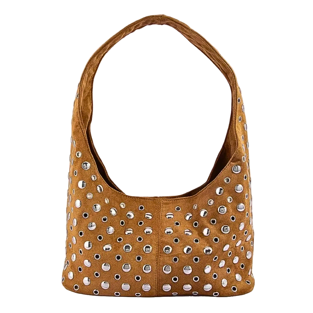 Fame Shoulder Bag Suede Multi Rivet Studded Medium Women's Retro Casual Handbag