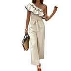 Fashion Jumpsuit Ruffled One-Shoulder Wide-Leg with Belt Tie Waist Overall