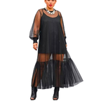 Fashion Mesh Midi Dress Black Sheer Ruffled Long Sleeve with Cami Mini Set
