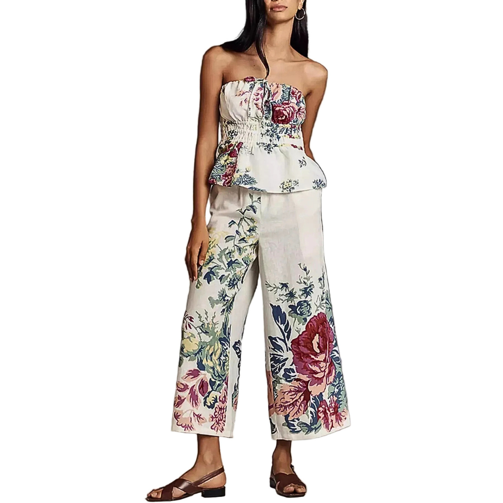 Fashion Outfit Set Floral Strapless Smocked Tube Top and Crop Wide Leg Pants