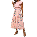 Fashion Outfit Set Pink Sleeveless Bow Tie Blouse and Floral Ruffle Midi Skirt