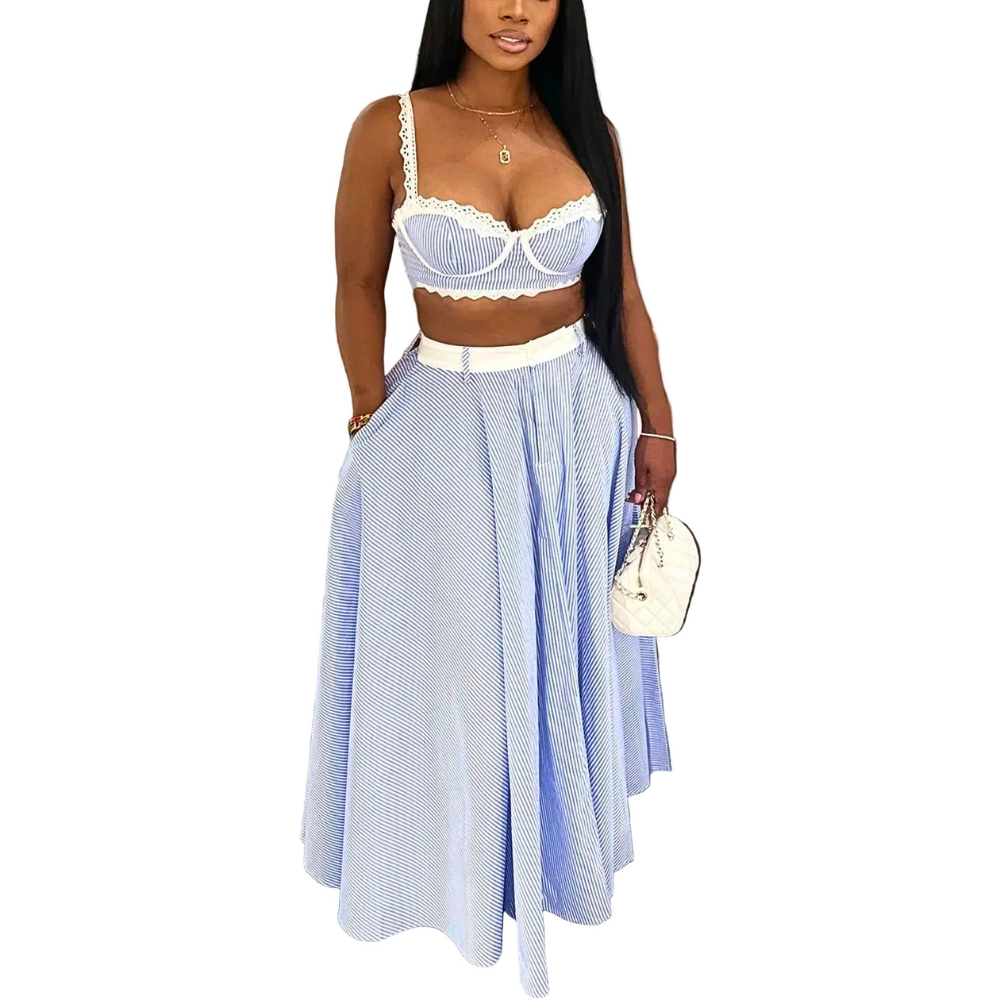 Fashion Outfit Set Striped Blue Bra Crop Cami Top and Ruffled Maxi Skirt 2 Pcs
