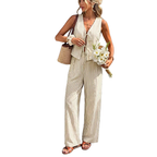 Fashion Outfit Set Striped Tie Vest Sleeveless Top & Wide Leg Pants Cotton Casual