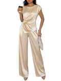 Fashion Party Outfit Set Satin Twist Tank Top Sleeveless and Wide-Leg Pants Beige