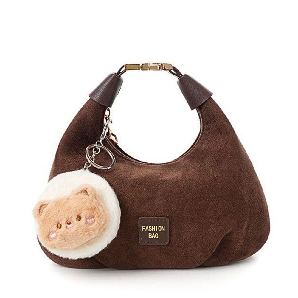 Fashion Women's Suede Tote Bag Cute Bear Charm Lock Strap Small Zipper Purse