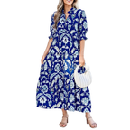 Floral Blue Midi Dress Ruffle Collared Neck Layered Casual Smocked Short Sleeve