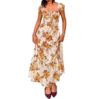 Floral Maxi Dress Ruffle Smocked Elastic High Waist Square Tie Neck Short Sleeve