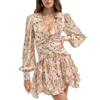 Floral Ruffle Mini Party Dress V-Neck Ruched Buttoned Corset Waist Long Sleeve