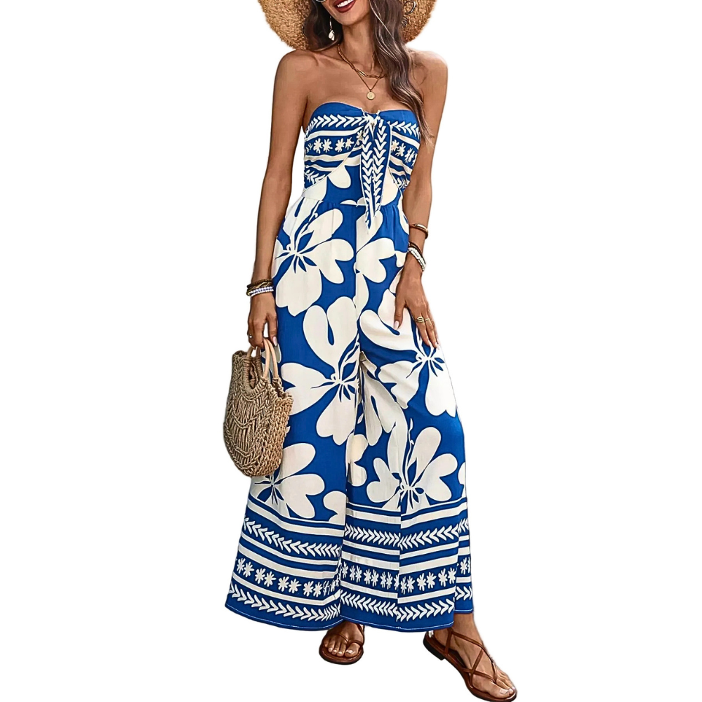 Floral Strapless Jumpsuit Wide Leg Bow Tie Bust Backless Smocked Overall